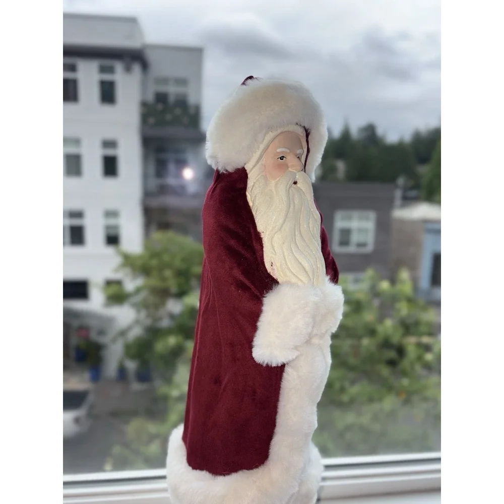 Freestanding Santa Claus Figurine Red Coat White Faux Fur Trim Fabric Decor